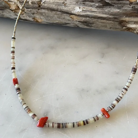 Vintage 70’s Liquid Silver Red Coral Nuggets and Olive Heishi Choker Nec… - Picture 3 of 9
